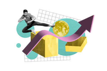 Artwork 3d collage poster image of crazy positive man jump up leg kick circle moon overcome obstacle isolated on painted background