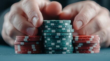 Naklejka premium Close-up of hands organizing stacks of poker chips in various colors, capturing the intensity and excitement of a casino poker game