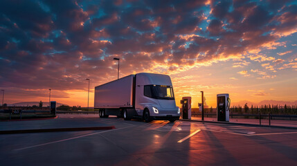 Electric truck parked at a charging station, with a beautiful sunset in the background