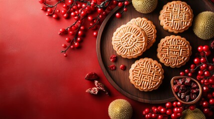 The intricately patterned durian mooncake is placed on a wooden tray, surrounded by soft golden lanterns, evoking a festive atmosphere, perfect for celebrating the Mid-Autumn Festival.