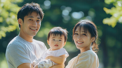 Happy Japanese family  in a park. The mother is holding one child and the father is holding another baby in his arms. They are all smiling at the camera. against a green background