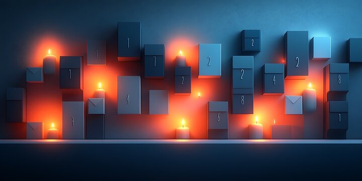 A modern, minimalist advent calendar with glowing orange lights illuminating numbered black boxes against a sleek blue background, creating a futuristic holiday countdown design.