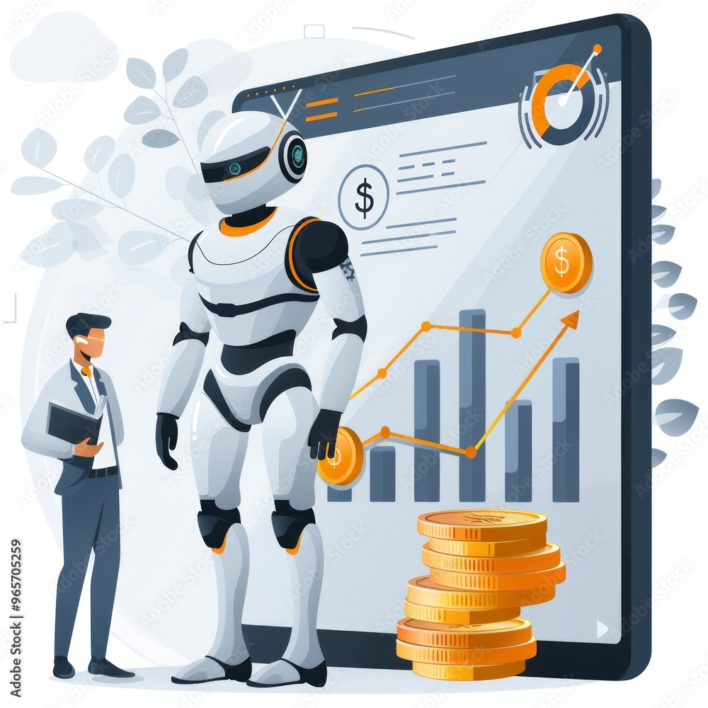 Poster a business professional interacting with a robot analyzing financial data and growth trends on a dig