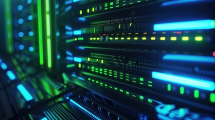 Futuristic data server with vibrant blue and green lights glowing in a high tech environment