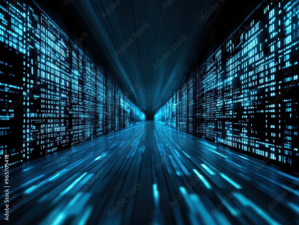 Poster futuristic hallway with glowing blue lights and data streams, symbolizing technology and digital tra