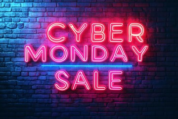 neon lettering "CYBER MONDAY SALE" on concrete brick background 