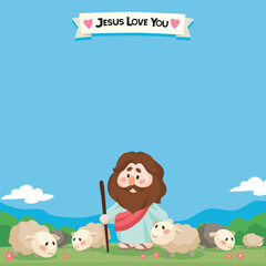 Cartoon Jesus Christ shepherding sheep on the grassland  Illustration Christianity and Catholicism