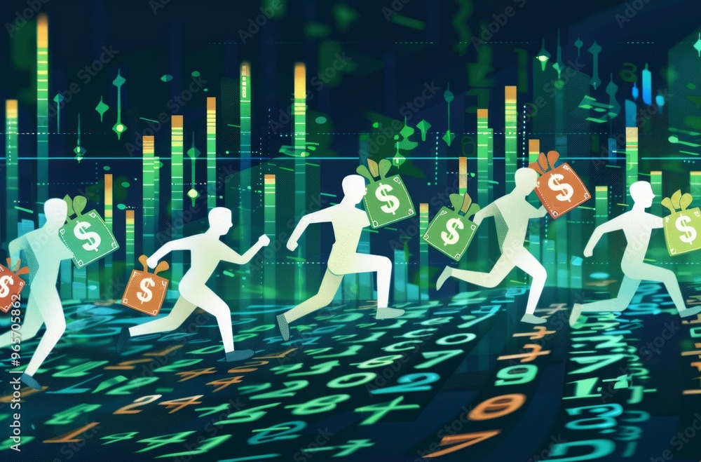 Poster dynamic digital representation of people running with money bags over a backdrop of financial graphs