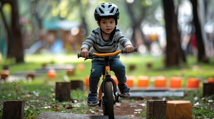 Boy on balance bike, navigating a small obstacle course set up in the park