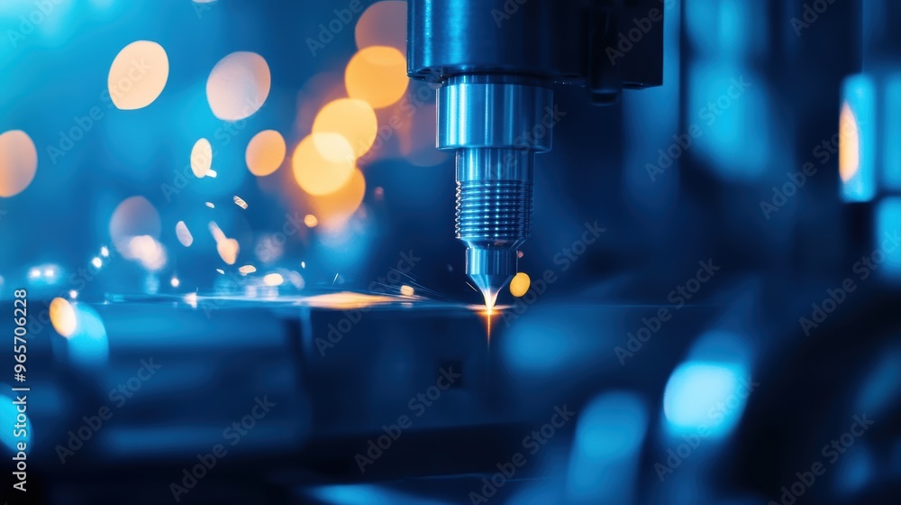 Poster close-up of a precision laser cutting machine in action, demonstrating advanced technology and spark