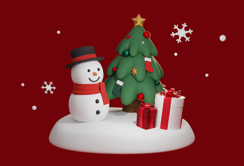 Christmas tree with snowman and gift box 3D graphic