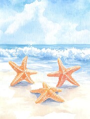 A serene beach scene featuring three orange starfish on the shore, with gentle waves and a clear blue sky in the background.