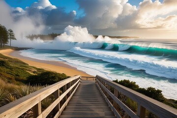 Fototapeta premium A majestic wooden staircase, weathered to a warm grayish-brown from years of exposure to the salty ocean air, descends towards the shore, disappearing into the misty veil of sea spray. 