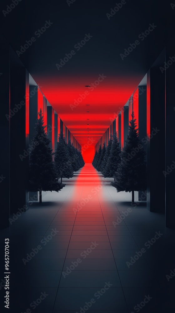 Poster a surreal hallway illuminated by red light, lined with abstract trees creating an eerie yet captivat