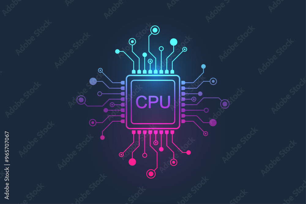Poster CPU icon, sign, logo in the circuit line style. CPU computer processor in outline style design. Motherboard digital chip CPU. Machine learning design