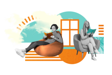 Composite collage of two young women reading books literature hobby information materials sit library chairs isolated on drawn background