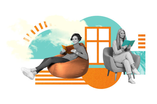 Composite collage of two young women reading books literature hobby information materials sit library chairs isolated on drawn background