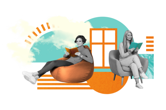 Composite collage of two young women reading books literature hobby information materials sit library chairs isolated on drawn background