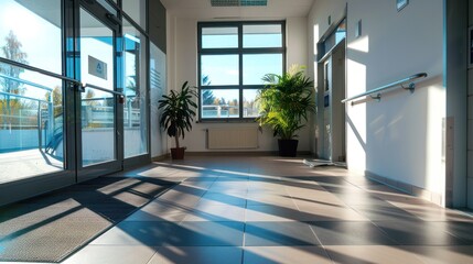 Fototapeta premium Accessibility in a modern office, with ramps and automatic doors visible