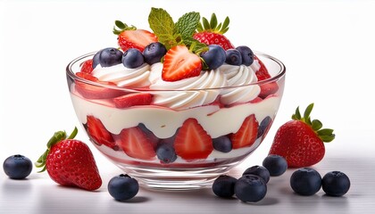 Perfect for dessert lovers and food. delicious berry trifle topped with strawberries and blueberries in a bowl. ai generated