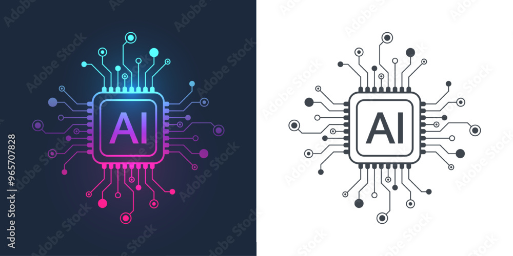 Poster artificial intelligence icon, sign, logo in the circuit line style. ai processor vector icon flat de