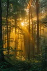 Fototapeta premium Sunlight filters through tall trees in a misty forest during early morning hours, illuminating the serene natural landscape