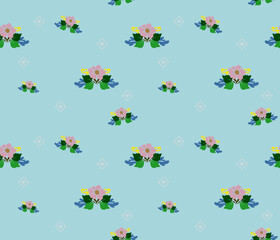 Floral Repeating Pattern with Pink Blossoms on a Light Blue Background