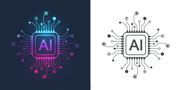 Artificial intelligence icon, sign, logo in the circuit line style. AI processor vector icon flat design. Motherboard digital chip AI. Machine learning design