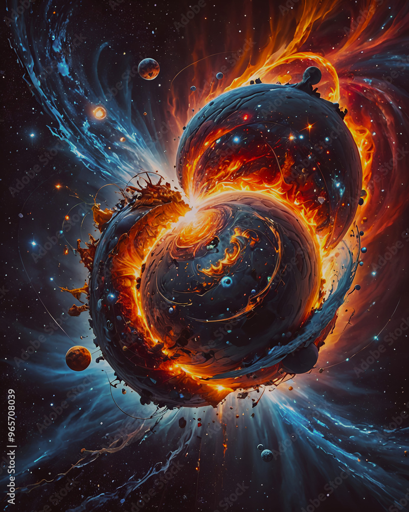 Poster a painting of a universe with many planets and stars. 3d rendering