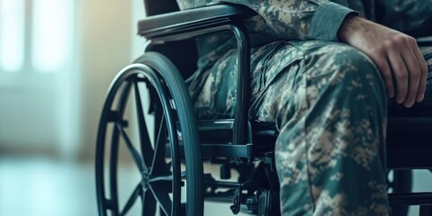Naklejka premium A military veteran in a wheelchair showcasing resilience and strength while dressed in camouflage attire.