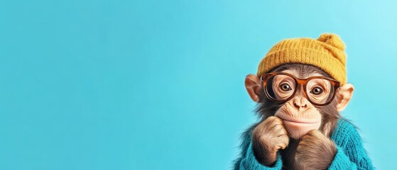 A cute monkey wearing a yellow hat and glasses, displaying expressive emotions against a vibrant blue background.
