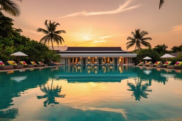Fototapeta premium A serene sunset view of the luxury hotel's reflection on the calm surface of a turquoise swimming pool,