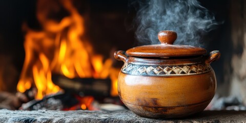 A rustic clay pot emitting steam while cooking over a warm fire, creating a cozy, inviting atmosphere in a traditional kitchen.