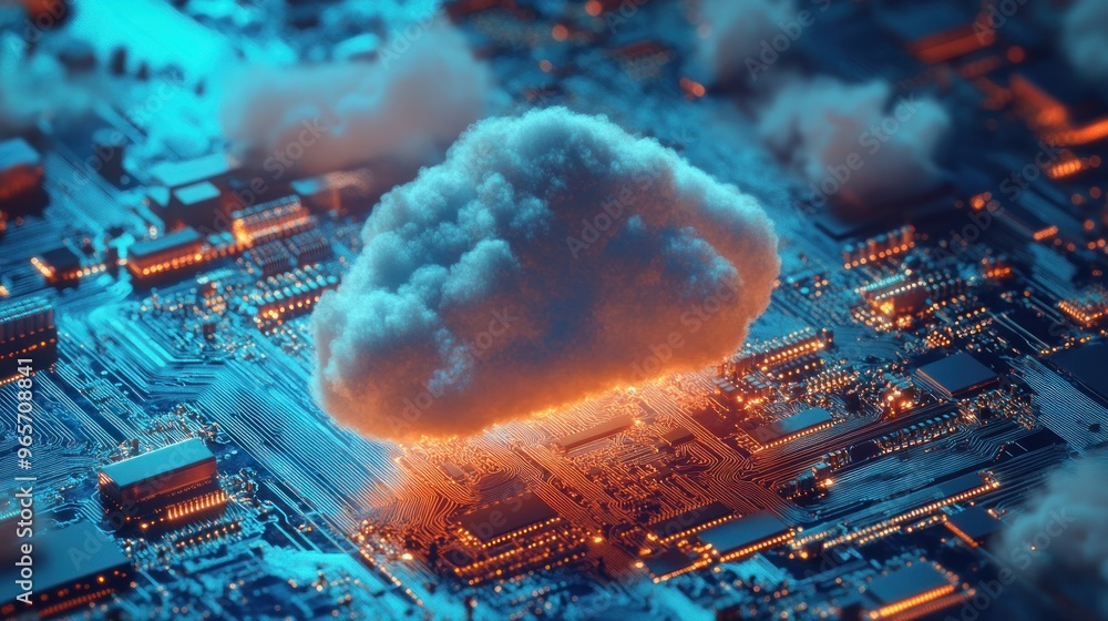 Poster circuit board with cloud storage concept future computer development cyber technology background wal