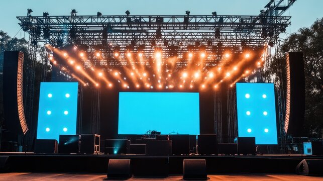 Stage modern rigging large outdoor concert with beam lights sound system and blue blank screen mockup material background wallpaper AI generated image