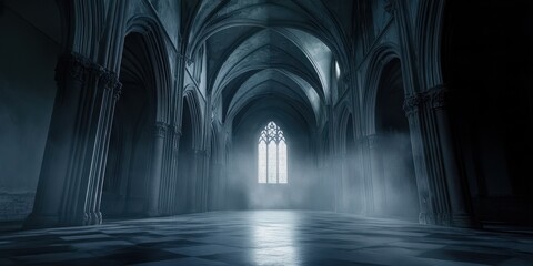 A serene gothic interior illuminated by soft light, featuring intricate arches and a mystical atmosphere.