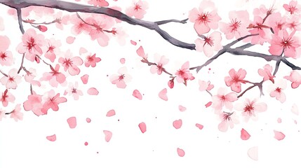 Fototapeta premium Beautiful cherry blossom branches with delicate pink flowers and petals on a white background, perfect for spring themes.