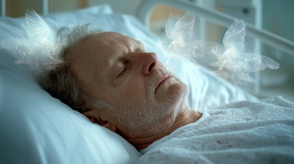 Final release: The soul's ascent from the earthly vessel, encountering celestial beings in a transcendent encounter with angels, capturing the essence of death and the spiritual realm.