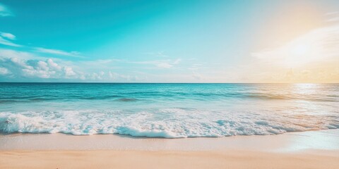Fototapeta premium A serene ocean view at sunrise, featuring gentle waves, golden sunlight, and a tranquil sky, perfect for relaxation.
