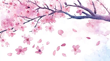 Fototapeta premium Beautiful watercolor illustration of cherry blossoms, with delicate pink petals falling against a soft white background.