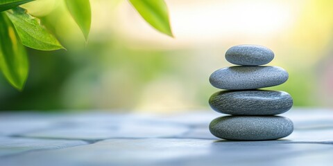 Obraz premium A serene stack of smooth stones symbolizes balance and tranquility in a peaceful natural setting with soft greenery.