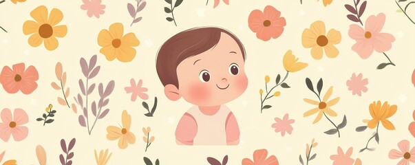 A charming illustration of a cute child surrounded by a colorful floral pattern, perfect for children's themes and designs.