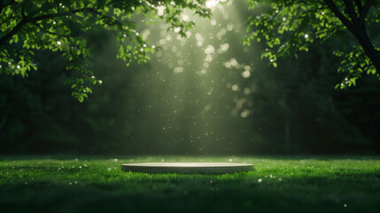 Fototapeta premium minimalist round stage, podium for product display, with green natural theme background