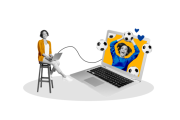 Banner collage image illustration of sportive girl goalkeeper professional tournament watch world cup laptop isolated on blue background