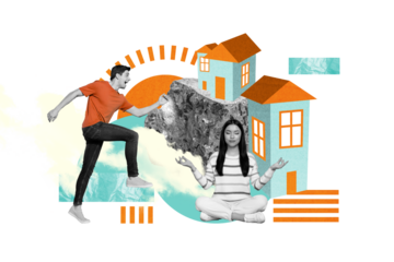 Creative collage image of two black white gamma people meditate run drawing building stone rock isolated on painted background