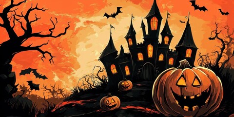 A spooky Halloween scene featuring a haunted castle, bats, and a grinning pumpkin under a vibrant orange sky.