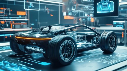 Digital visualization of 3D modern car design development technology and conceptualization background wallpaper AI generated image