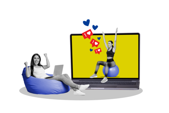 Collage picture illustration of funny young sportswoman fists hooray watching her own blog popularity likes isolated on blue background