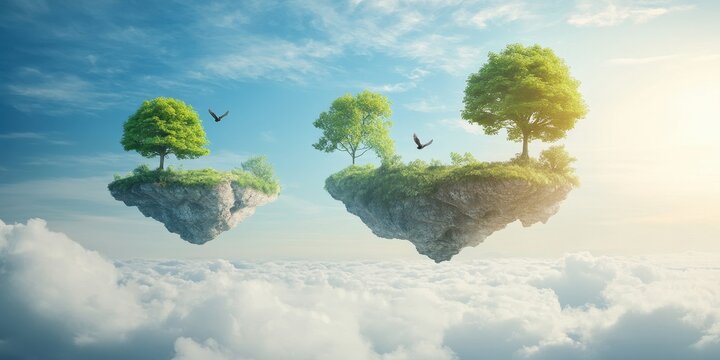 A surreal landscape featuring floating islands with lush trees against a serene sky, evoking a sense of tranquility and imagination.