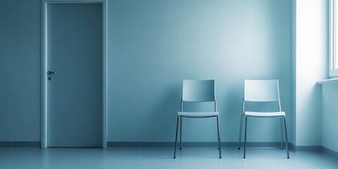 Fototapeta premium A tranquil blue room featuring two minimalist chairs beside a wooden door and a large window, evoking calm and simplicity.